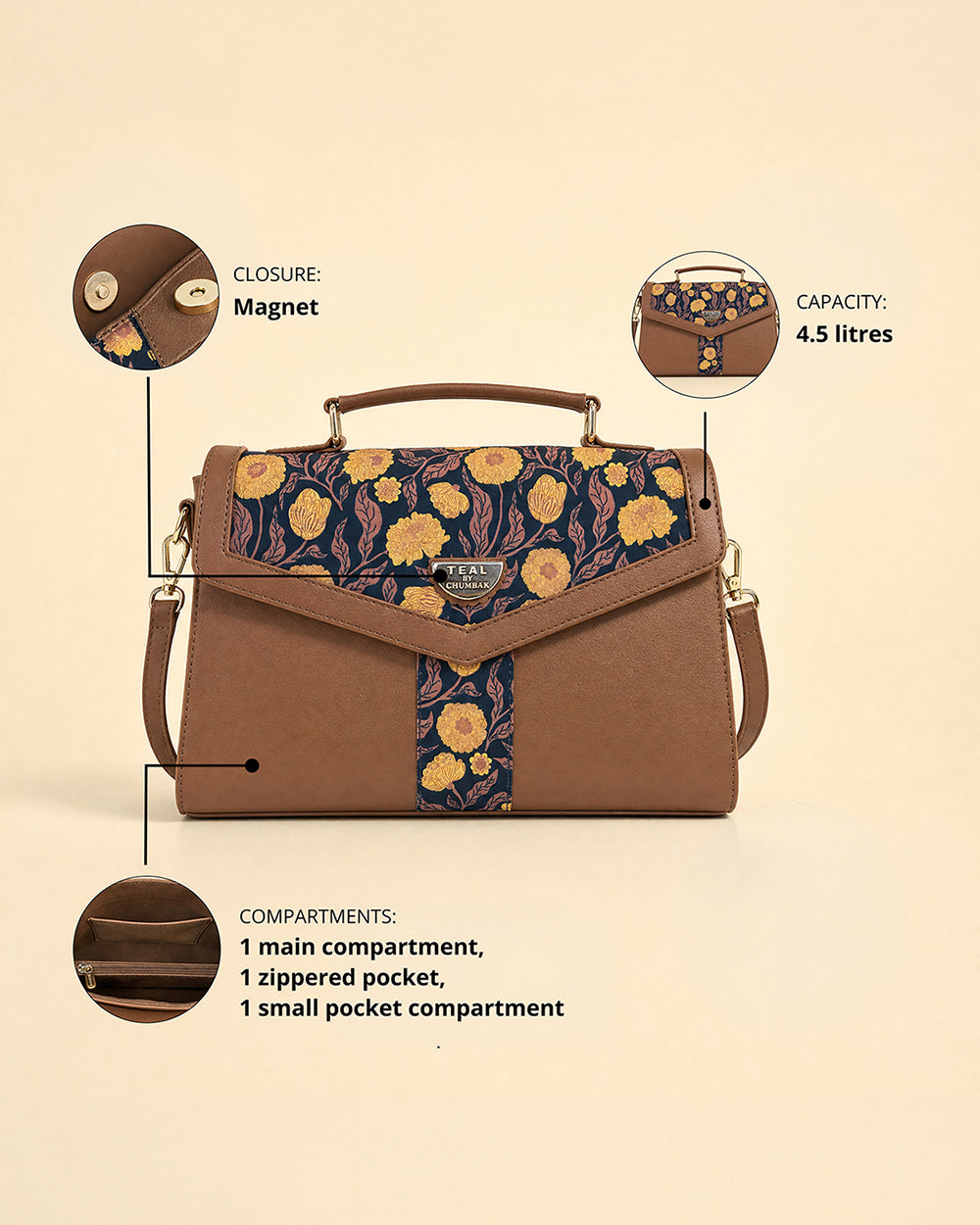 Teal by Chumbak Golden Marigold Muse Flap Handbag