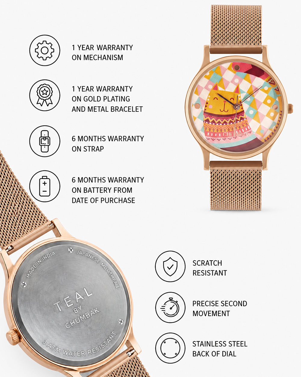 Teal by Chumbak Carnival Cat Watch,Stainless Steel Mesh Strap