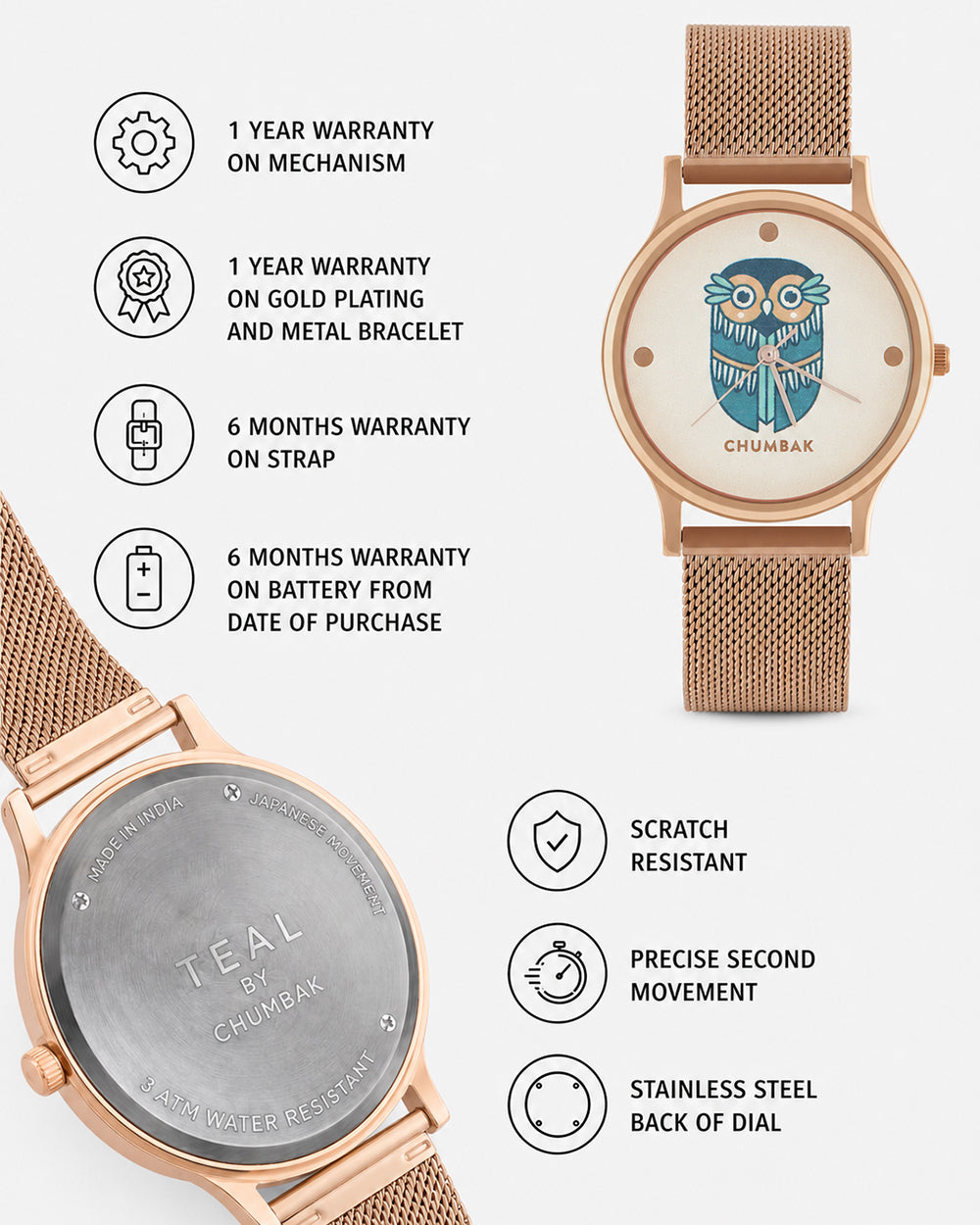 TEAL by Chumbak Vintage Owl Watch, Metal Mesh Strap
