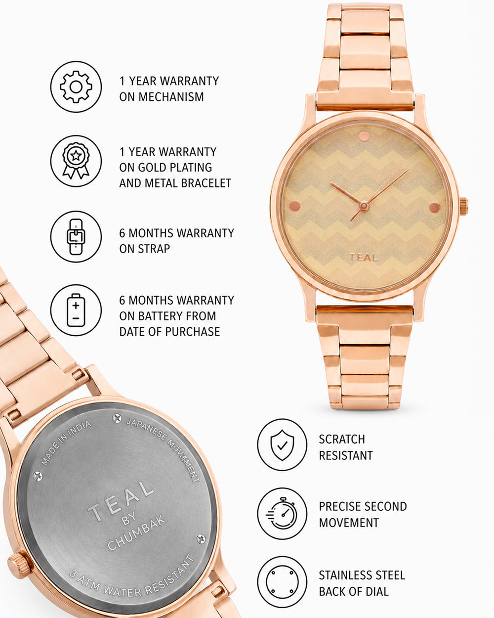 Teal by Chumbak Chevron Watch,Stainless Steel Link Strap