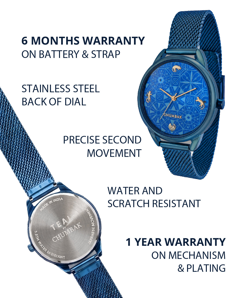 Teal by Chumbak Mosaic Meow Watch | Blue Dial, Mesh Strap