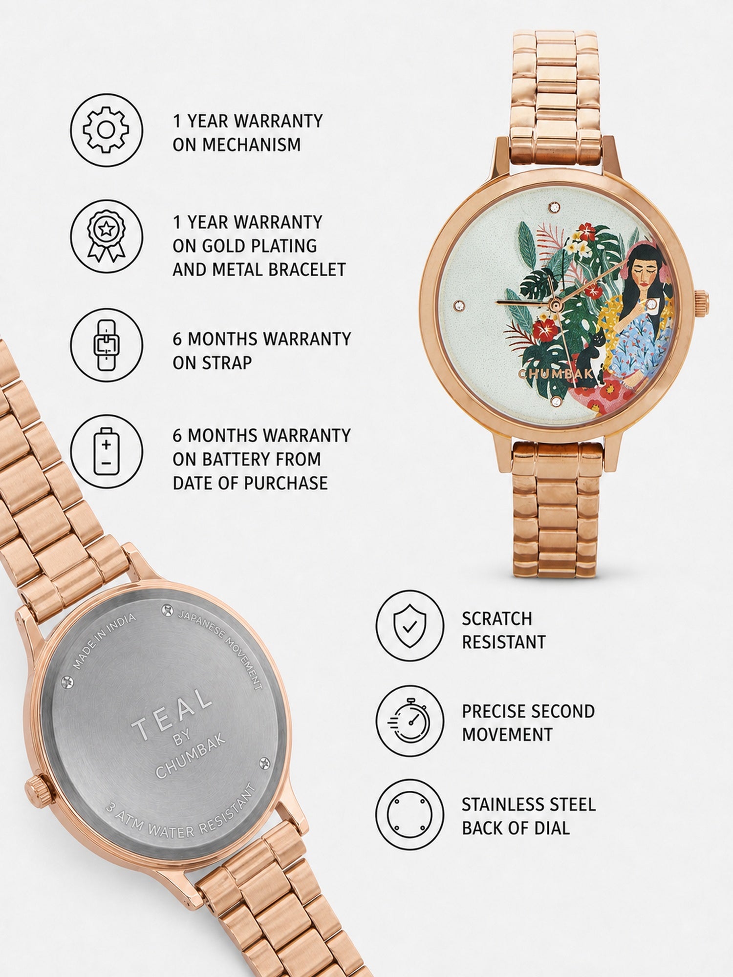 Teal by Chumbak Live Slow Watch,Stainless Steel Link Strap