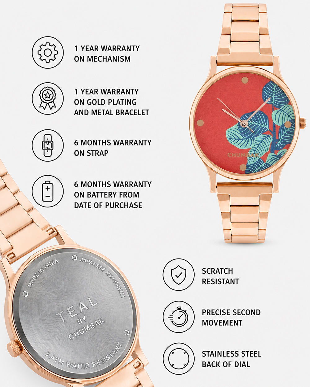TEAL by Chumbak Bohemian Leaves  Watch,Metal link Strap