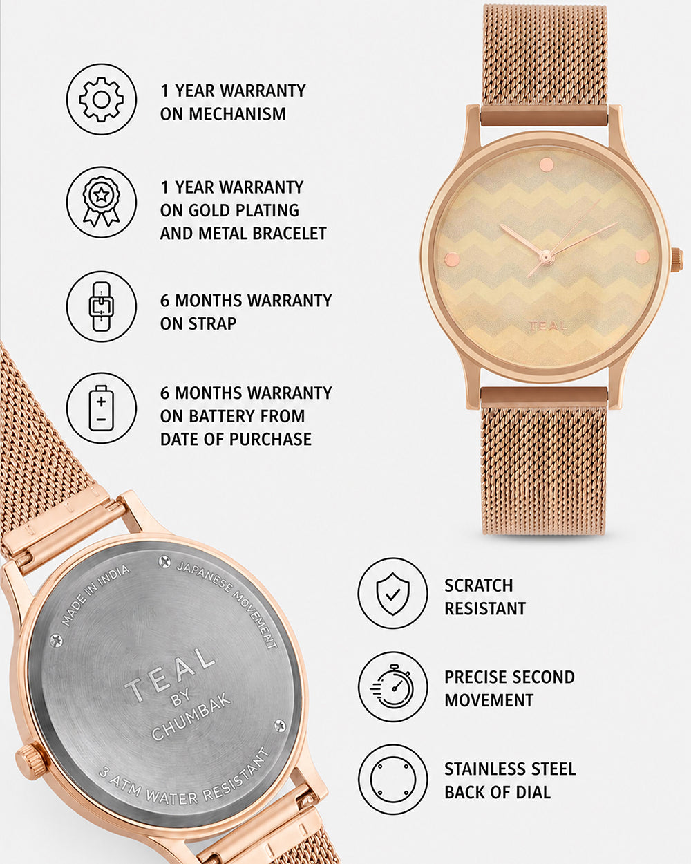Teal by Chumbak Chevron Watch,Stainless Steel Mesh Strap