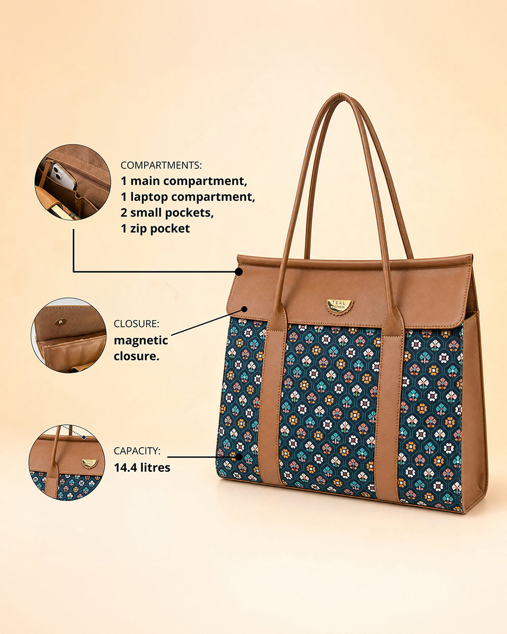 Teal by Chumbak Pixel Flower Flap Work Tote