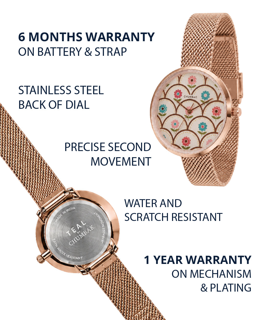 Teal by Chumbak Phool-ish Watch | Rose Gold Dial, Mesh Strap