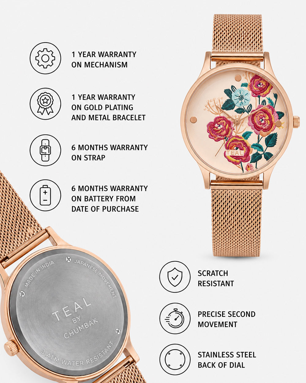TEAL by Chumbak Rose Garden Watch, Metal Mesh Strap