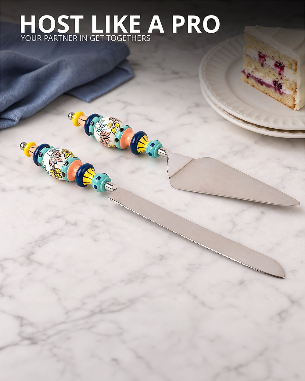 Folk Floral Cake Server Set- Blue