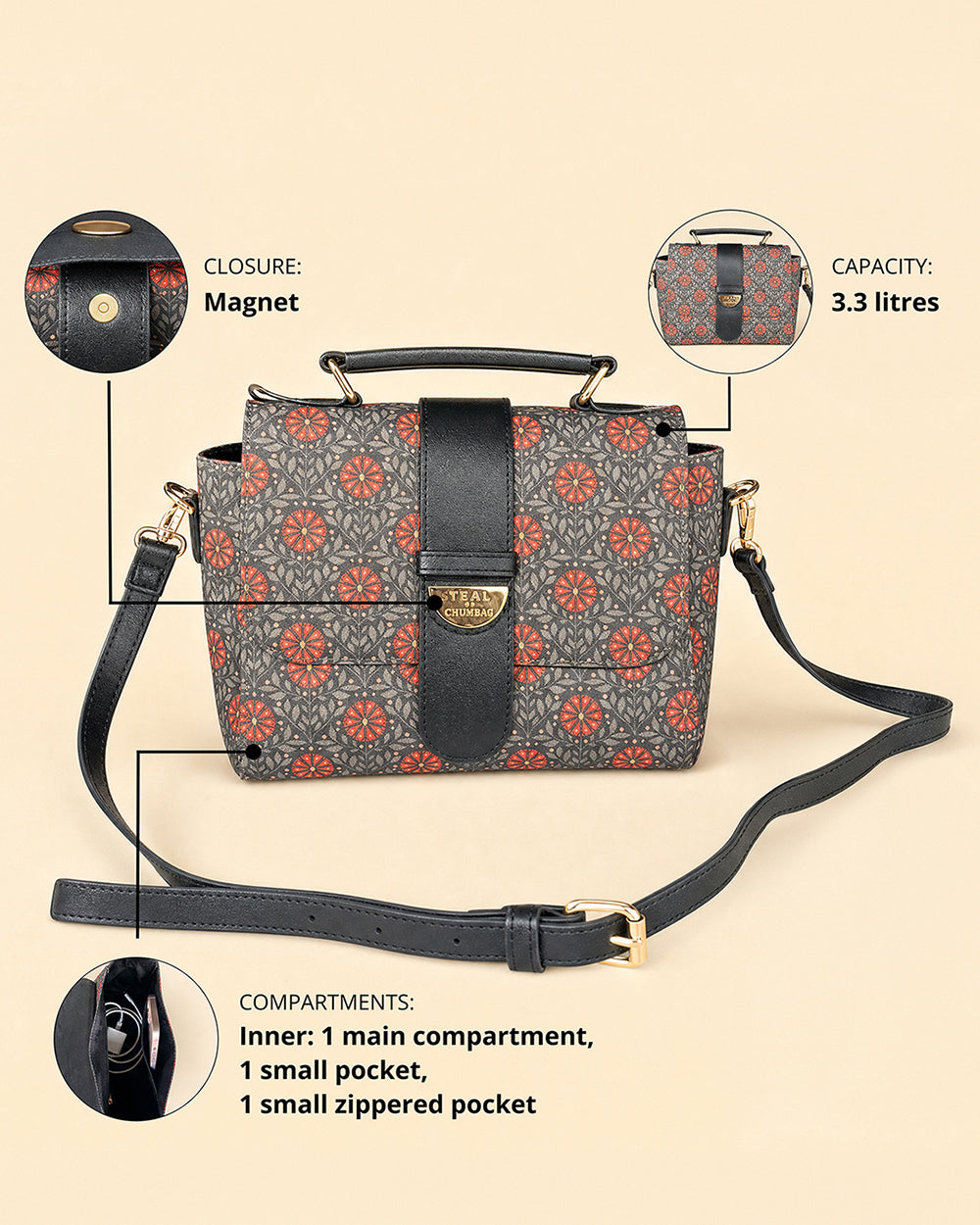 Teal by Chumbak Crimson Phool Duffle Crossbody Bag