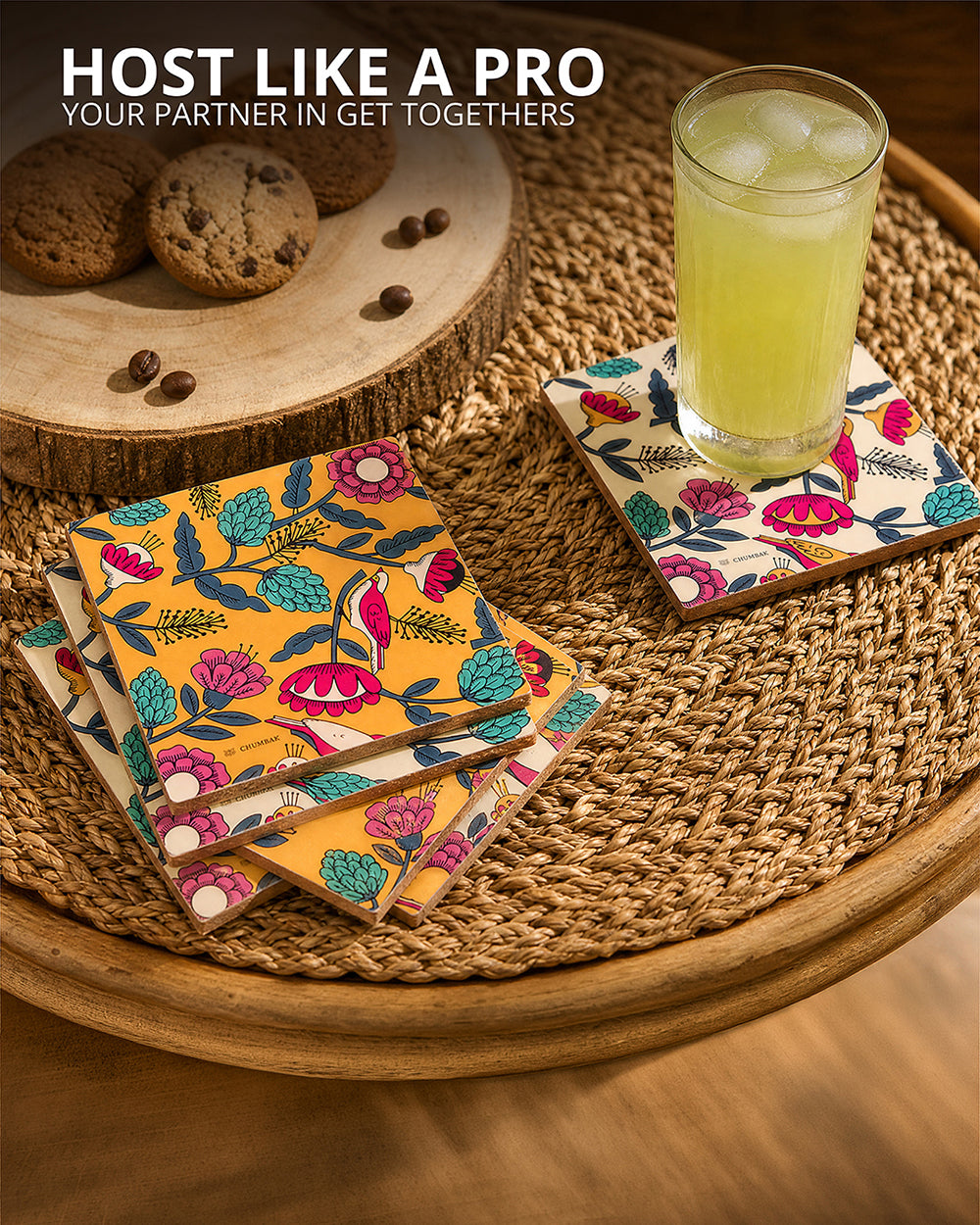 Country Wooden Coasters - Set of 6,  4” x 4”