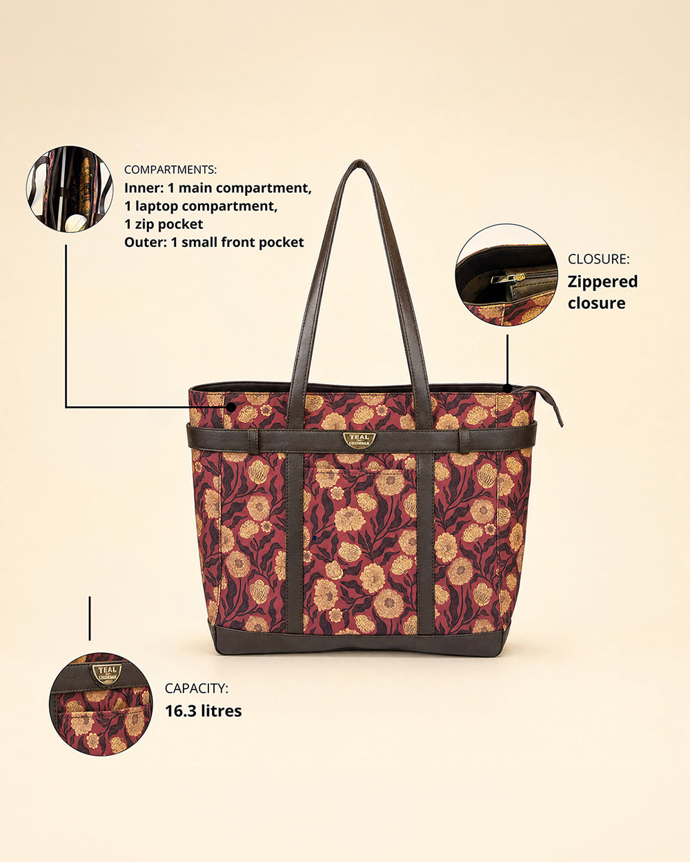 Teal by Chumbak Crimson Marigold Muse Laptop Tote
