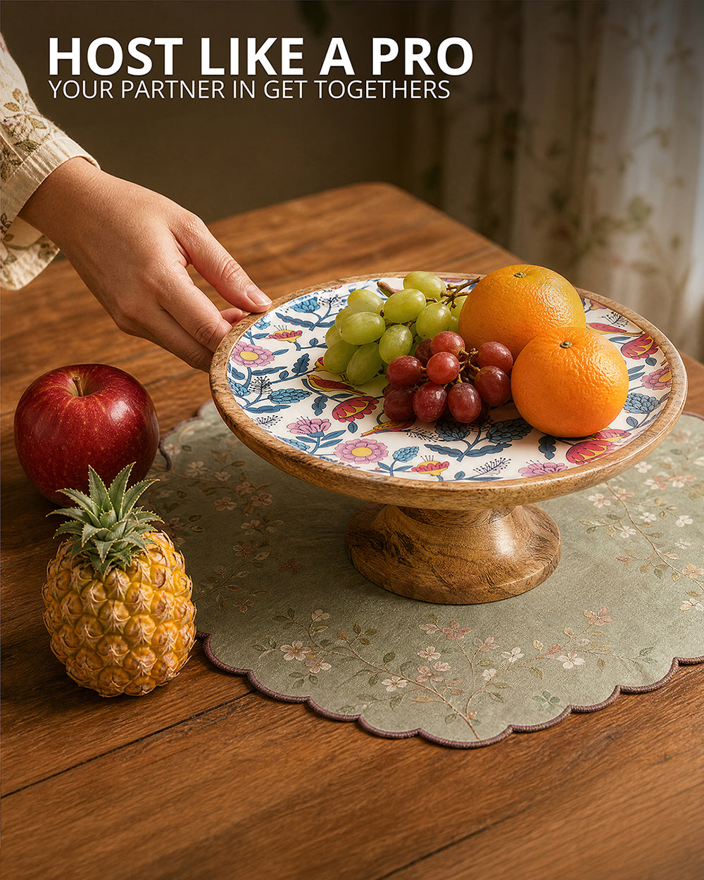 Country Wooden Cake stand -  Floral,  9.74” x 9.74” x 5”