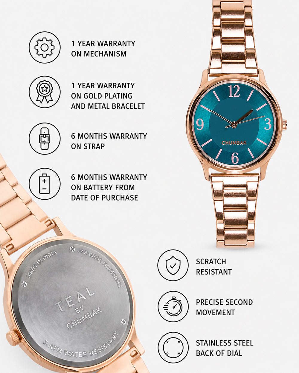 TEAL by Chumbak Forest Jade Watch, Metal link Strap