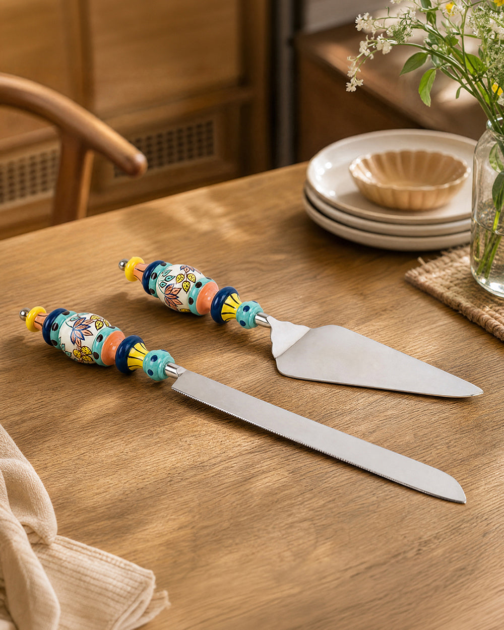Folk Floral Cake Server Set- Blue