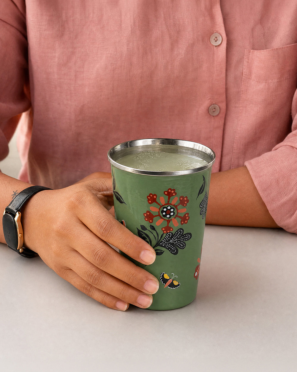 Bloom Steel Tumbler - 350 ml, Handpainted  | Forest Folklore