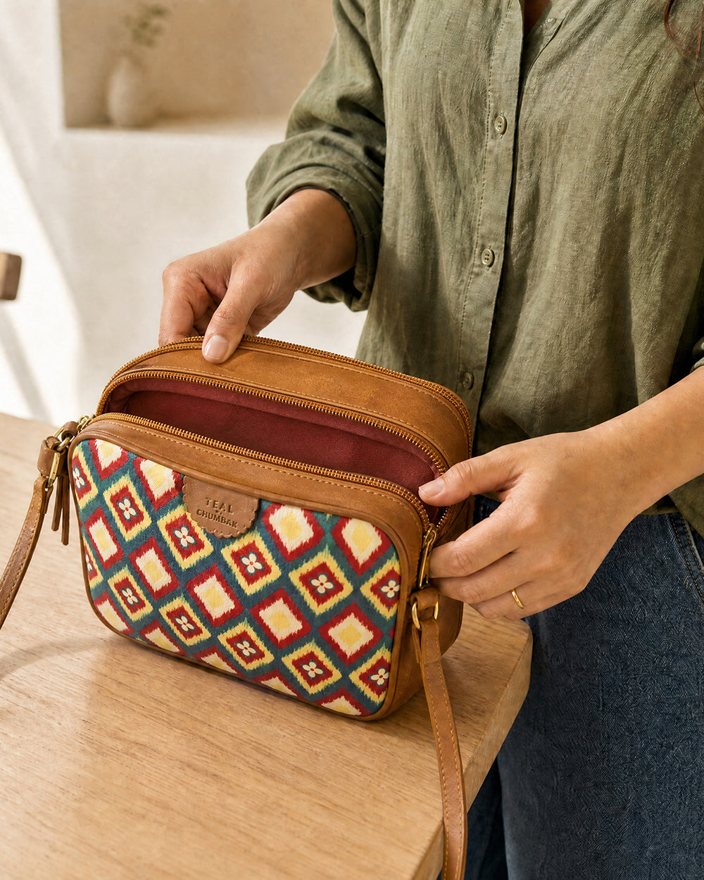 TealByChumbak Ikkat Glow Sling Bag