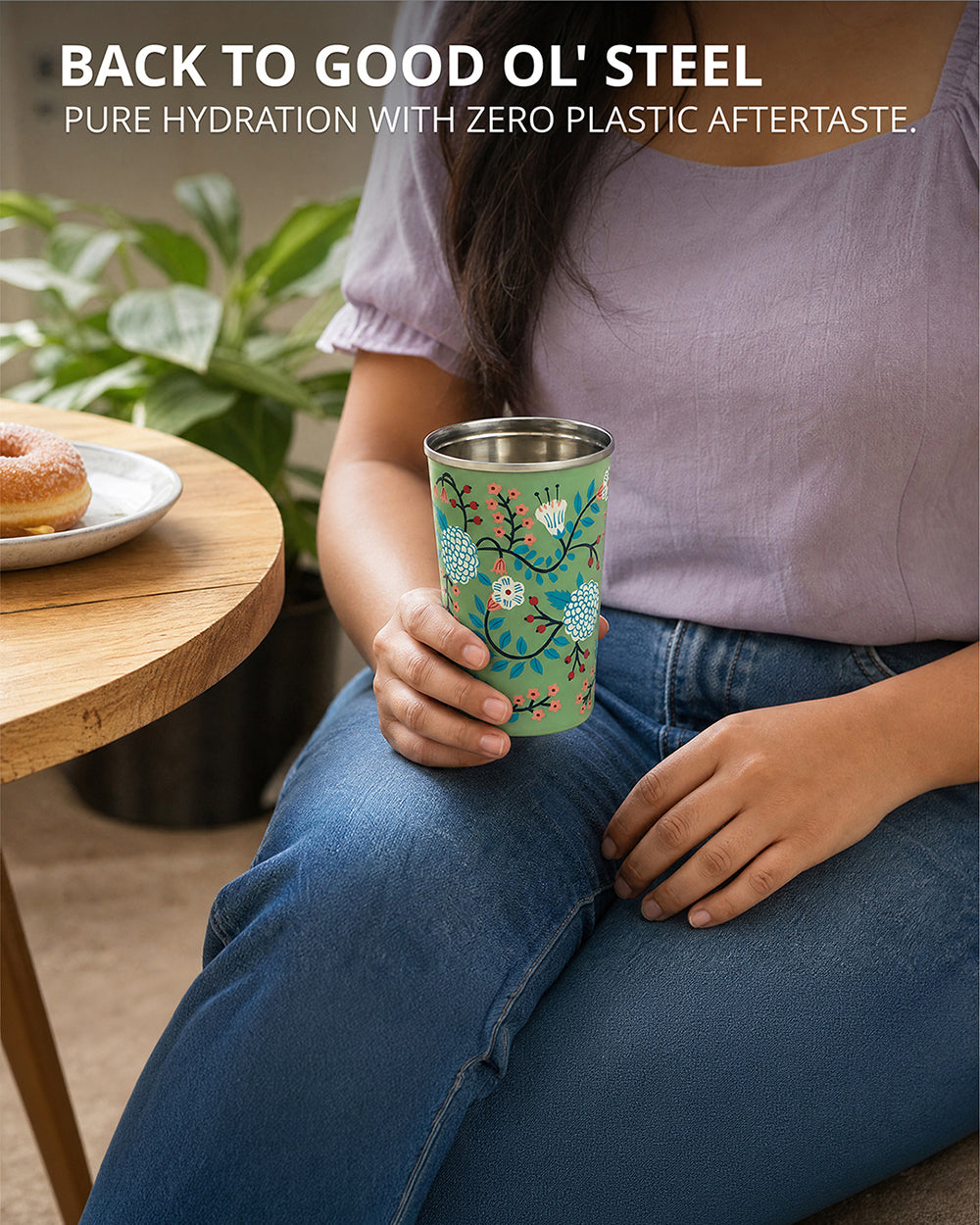 Green Floral Steel Tumbler Large