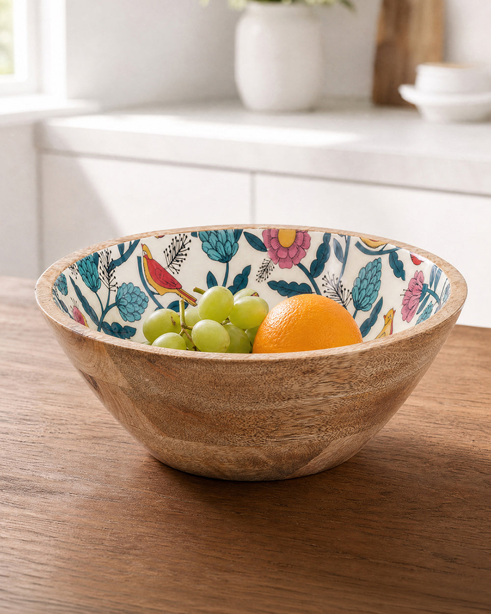 Country Wooden Large Bowl -  Floral, 8”x 8” x 3.5”
