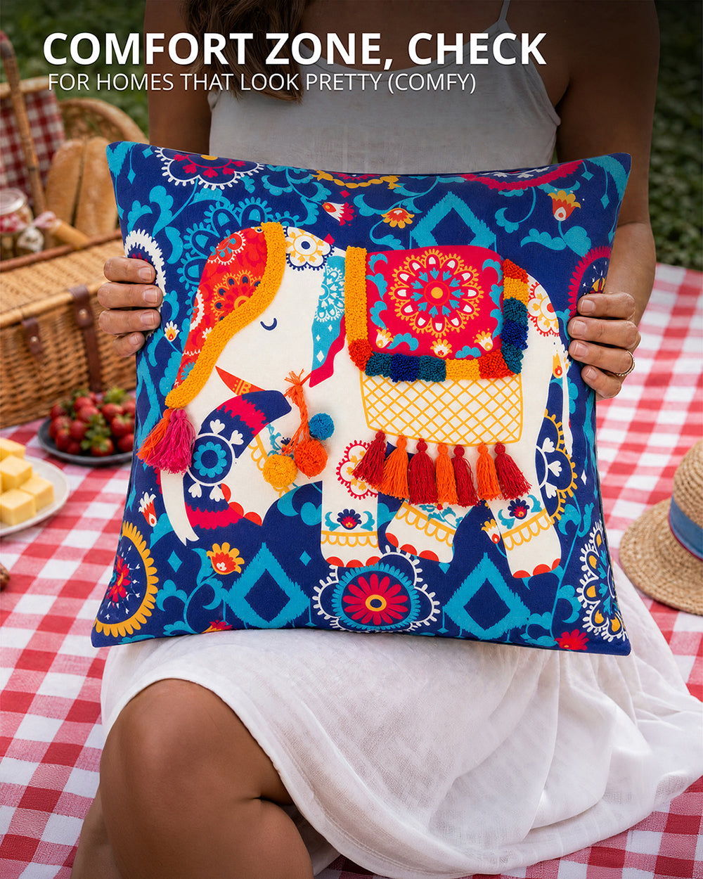 Carnival Elephant Tassel Cushion Cover