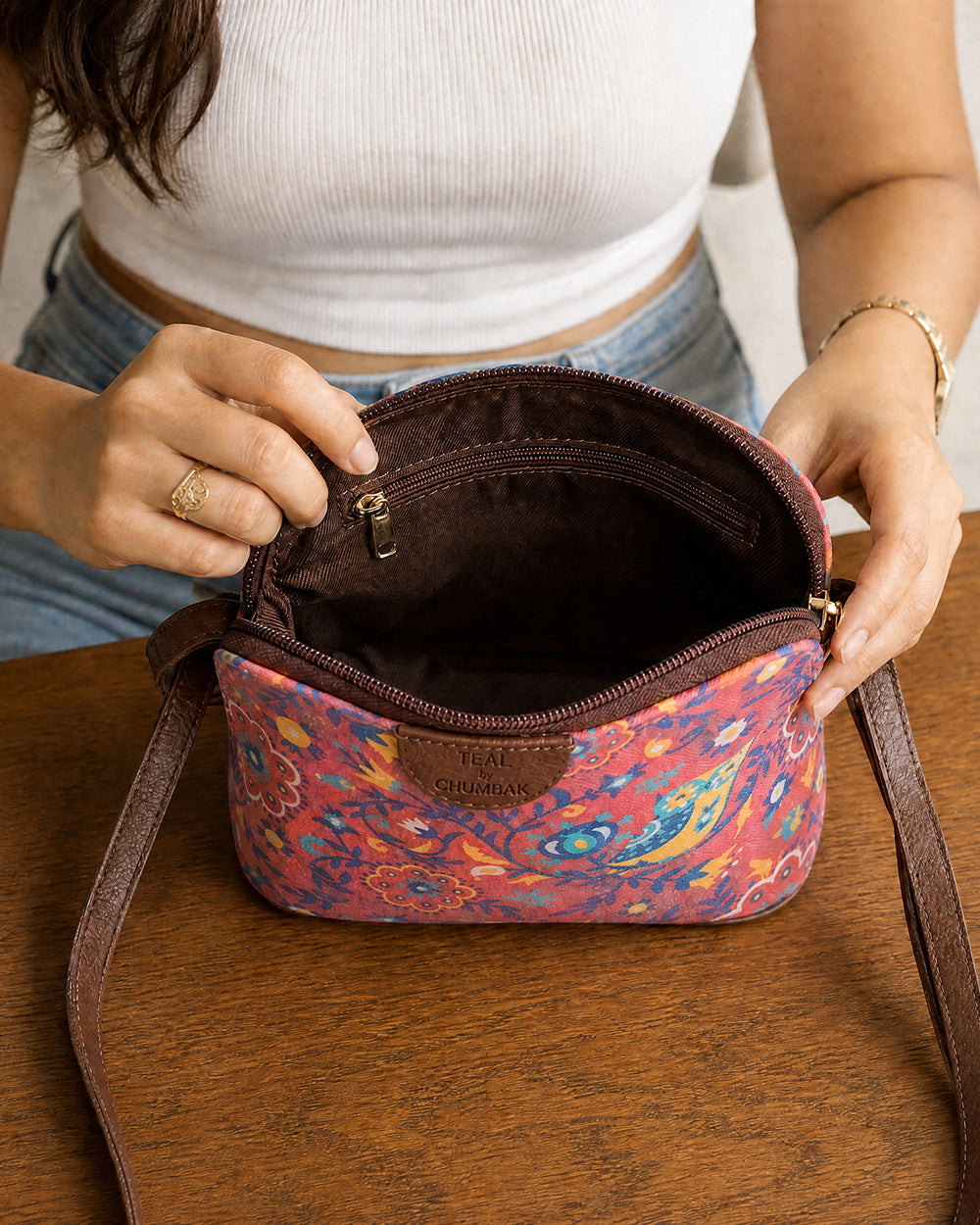 Teal By Chumbak Bukhara Blooms and Boons Sling Bag - Coral