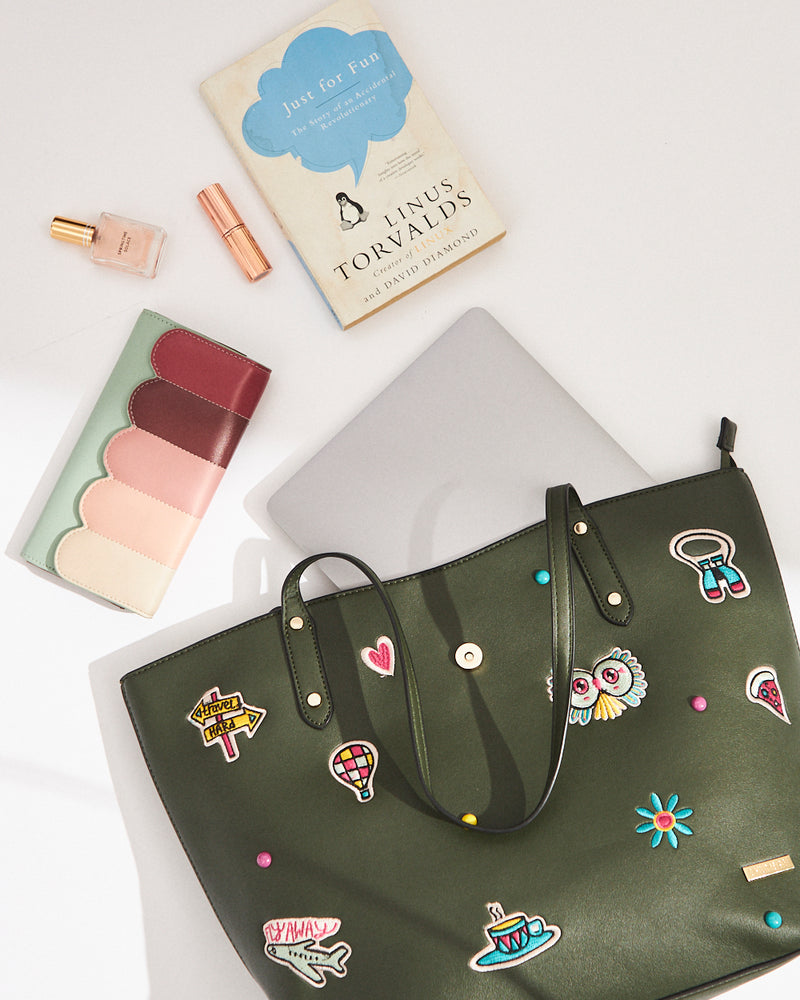 Embroidered Travel Patches Tote Bag - Olive