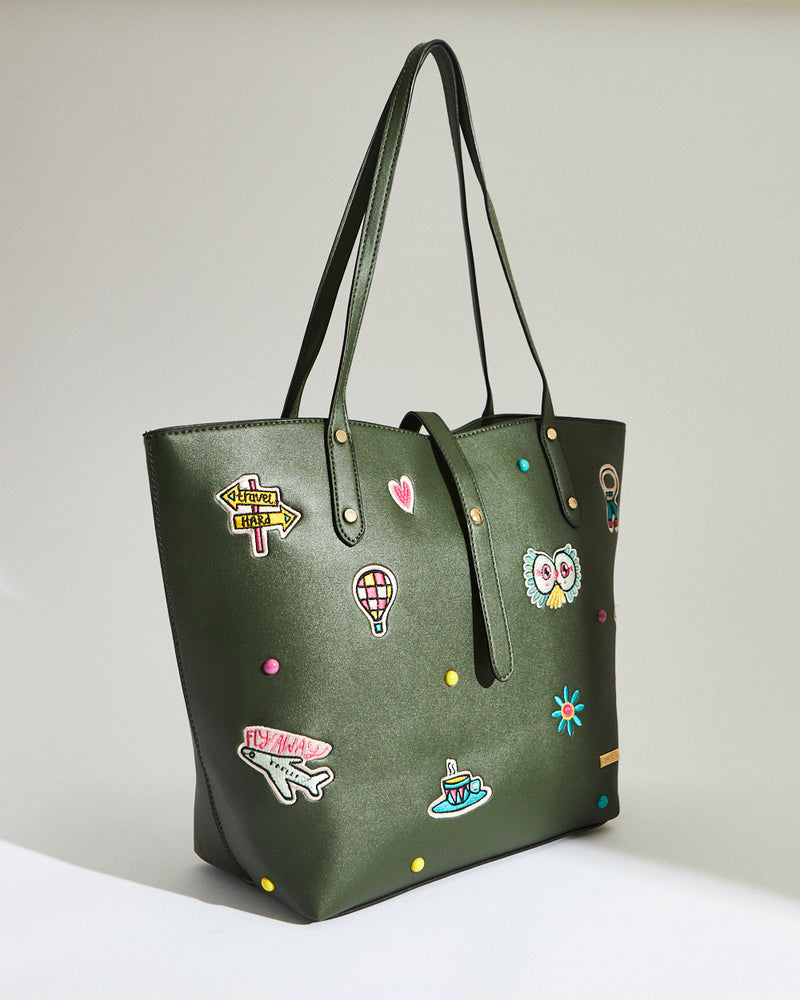 Embroidered Travel Patches Tote Bag - Olive