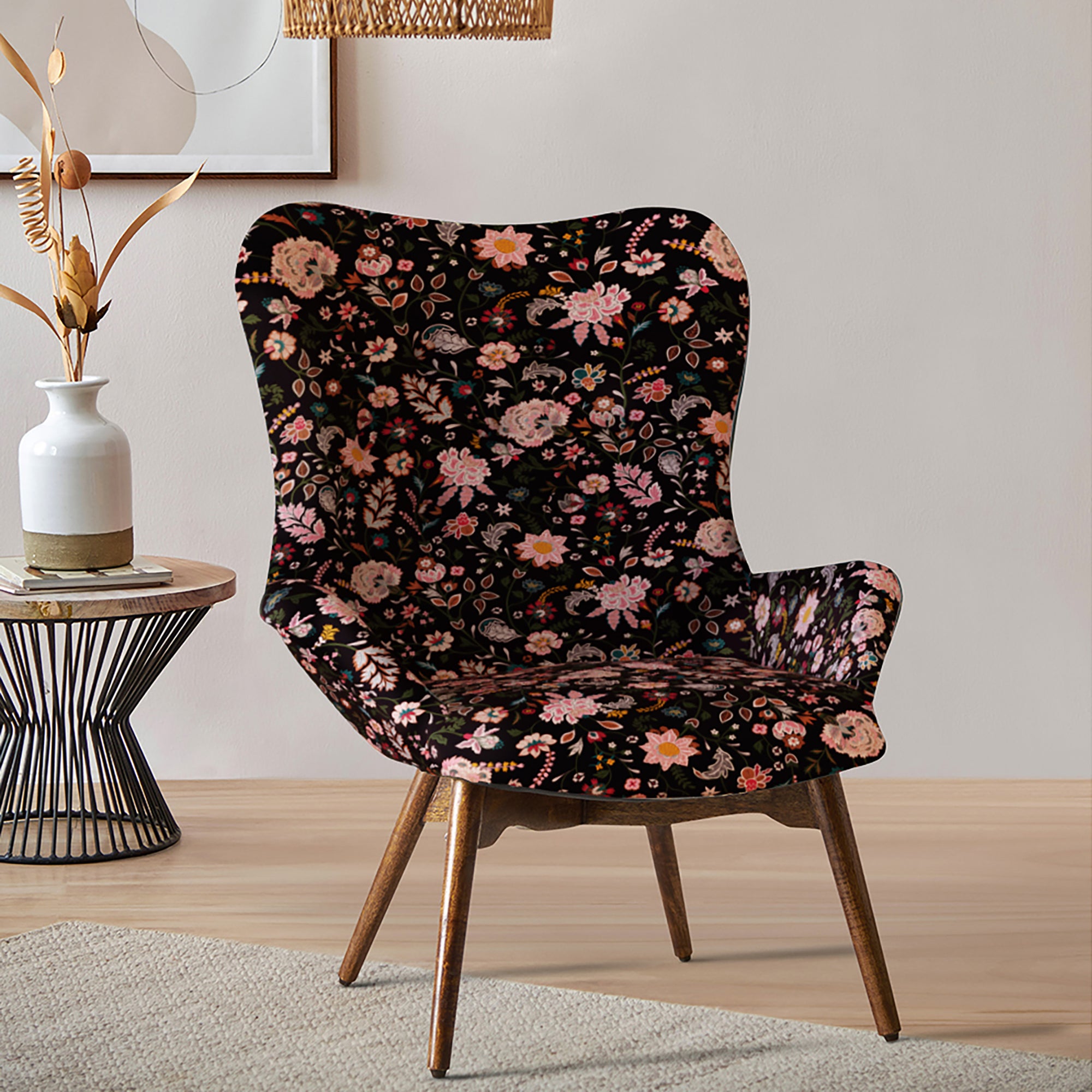 Mid Century Modern Wing Chair-Bohemian Paisley Black
