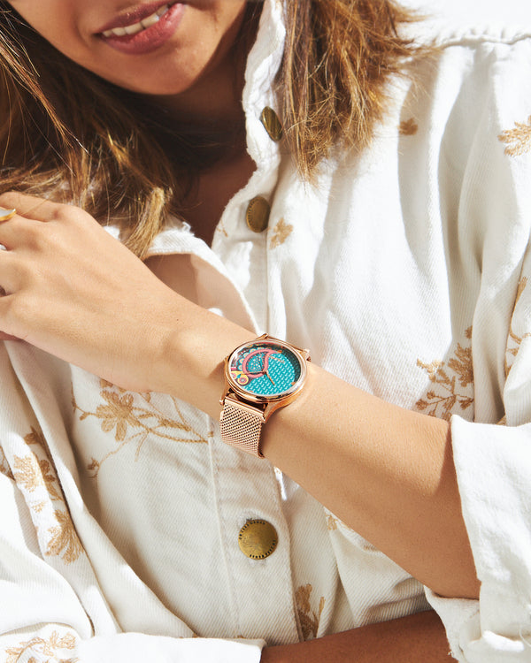 Teal by Chumbak Folk Owl Watch,Stainless Steel Mesh Strap