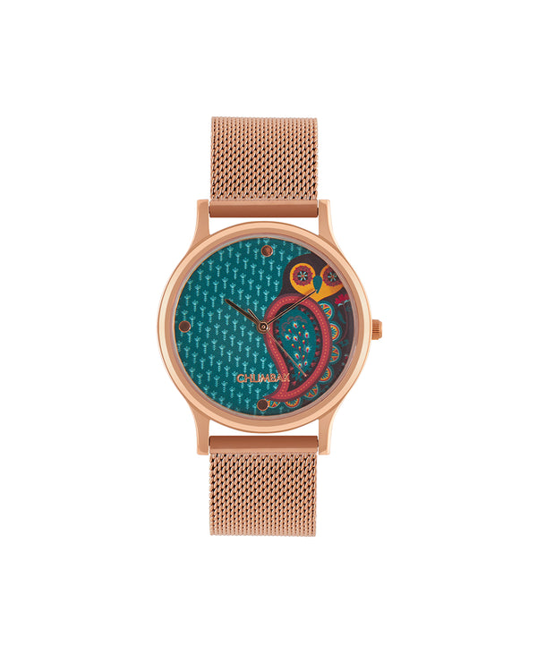 Teal by Chumbak Folk Owl Watch,Stainless Steel Mesh Strap