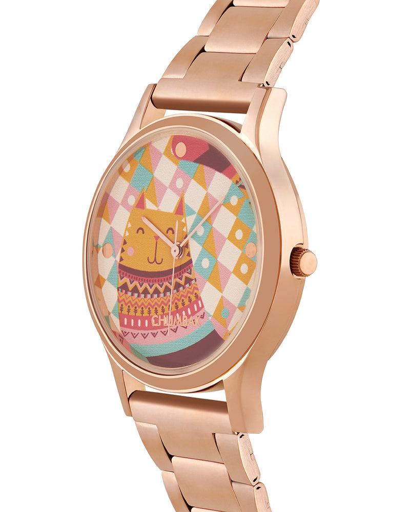 Teal by Chumbak Carnival Cat Watch,Stainless Steel Link Strap