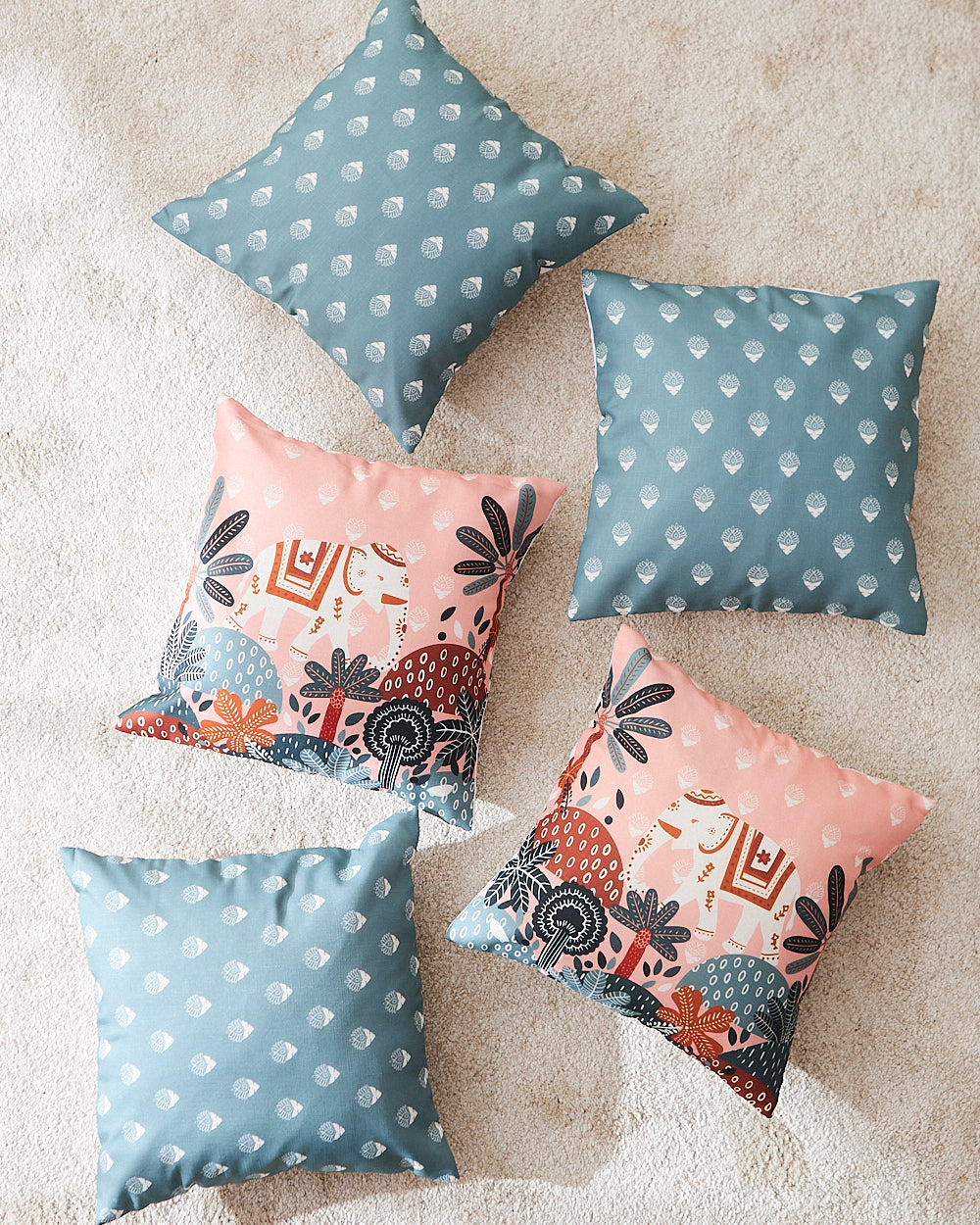 Teal by Chumbak 16" Cushion Covers , Set of 5 Multi color| Zip closure