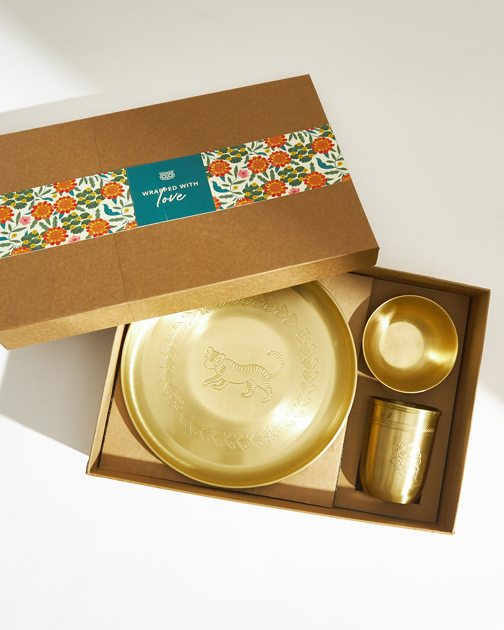 Royal Tiger Daawat Thaal Set Gift Box | Set of 3 | Brassware
