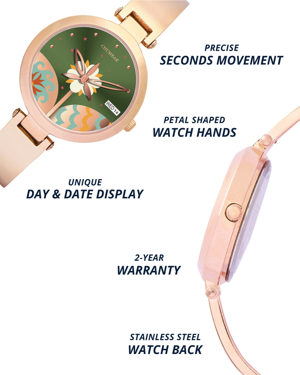 Bloom Metal Watch | Rosegold with Green Dial
