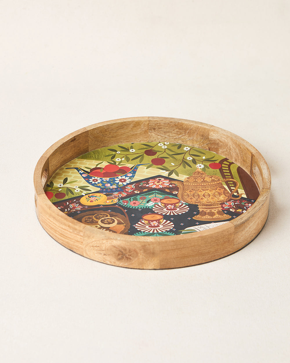 Kahwah Hour Wooden Serving Tray, 12" dia | Kashmir Trails