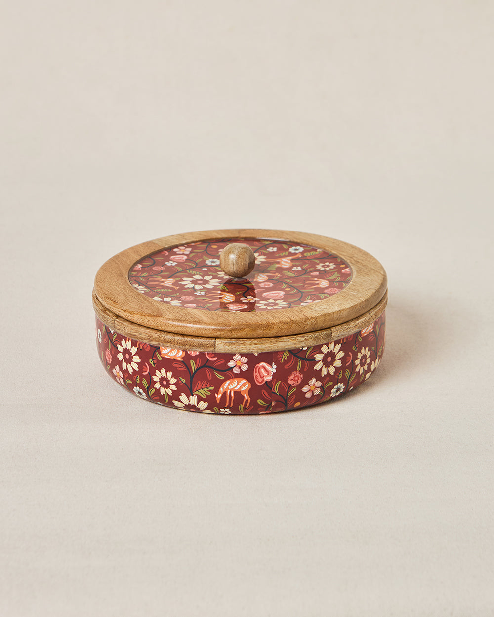 Apple Orchards Wooden Roti Box, 8" dia | Kashmir Trails