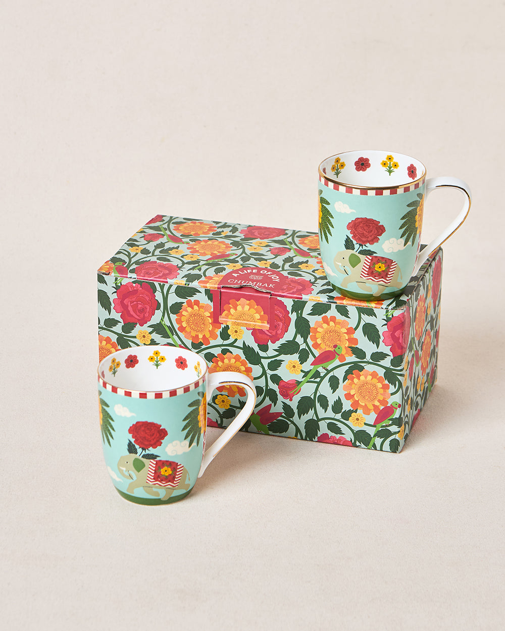 Royal Tusker Mugs Gift Set - Set of 2, 330 ml | Palace Memoirs | Gold Rim