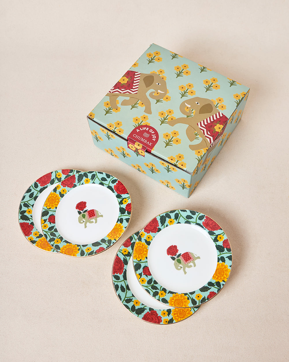 Royal Tusker Snack Plate Gift Set - Set of 4, 8"dia | Palace Memoirs | Gold Rim