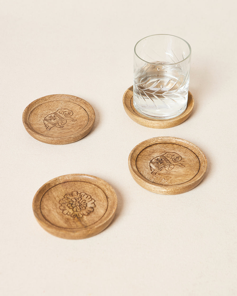 Rani Bagh Wooden Coasters - Set of 4, 4"dia | Palace Memoirs