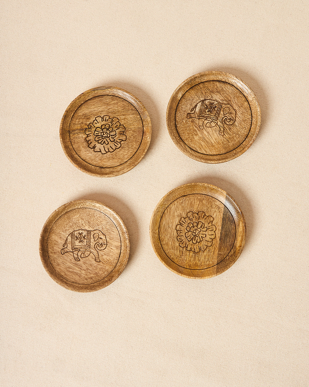 Rani Bagh Wooden Coasters - Set of 4, 4"dia | Palace Memoirs