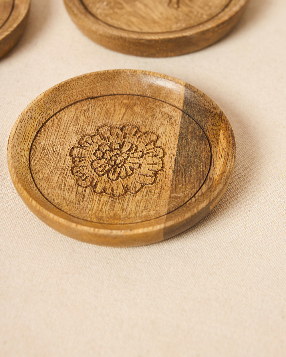 Rani Bagh Wooden Coasters - Set of 4, 4"dia | Palace Memoirs