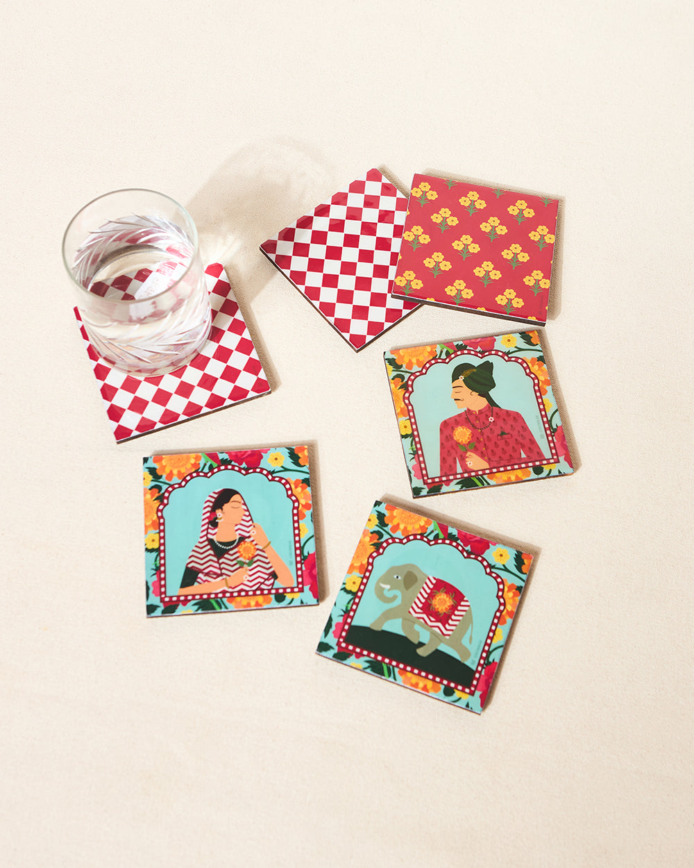 Rajmahal Wooden Coasters - Set of 6, 4"| Palace Memoirs