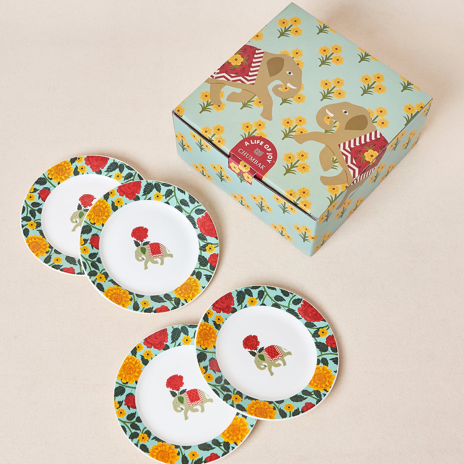Royal Tusker Snack Plate Gift Set - Set of 4, 8"dia | Palace Memoirs