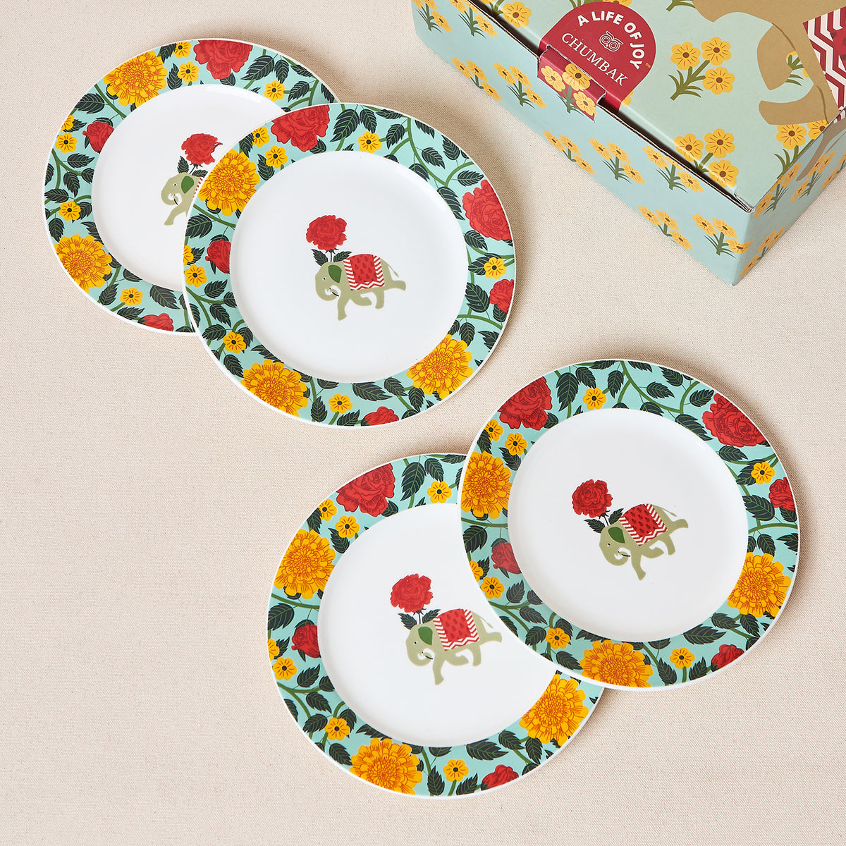 Royal Tusker Snack Plate Gift Set - Set of 4, 8"dia | Palace Memoirs