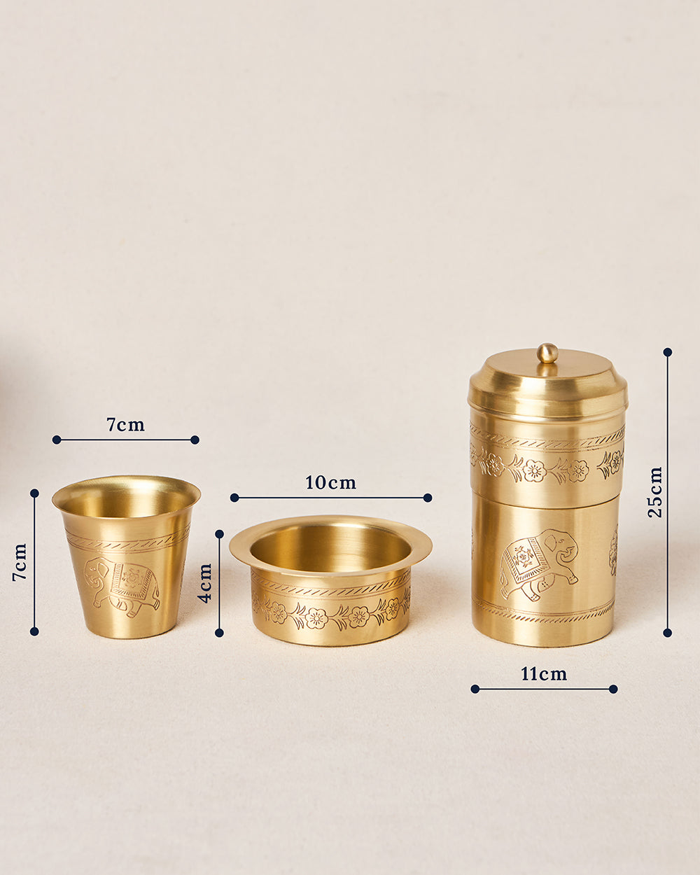 Royal Tusker Brass Filter Coffee Gift Set -  Set of 3 | Palace Memoirs