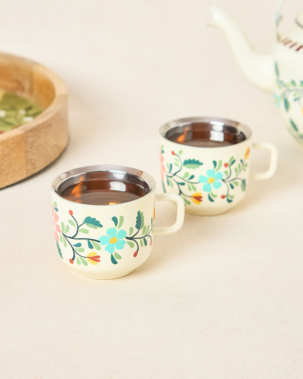 Hangul Hand-painted Kahwah Mugs Set, Steel --ml | Kashmir Trails