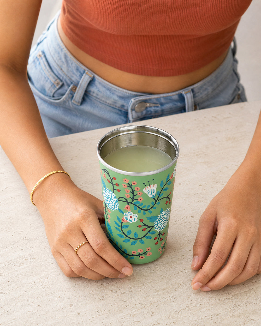 Green Floral Steel Tumbler Large