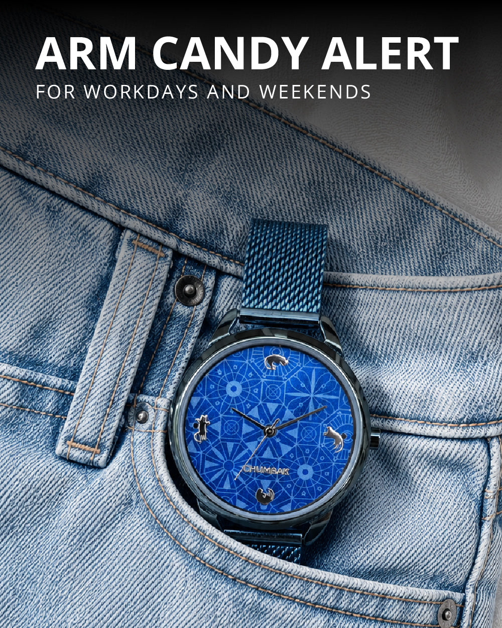 Teal by Chumbak Mosaic Meow Watch | Blue Dial, Mesh Strap