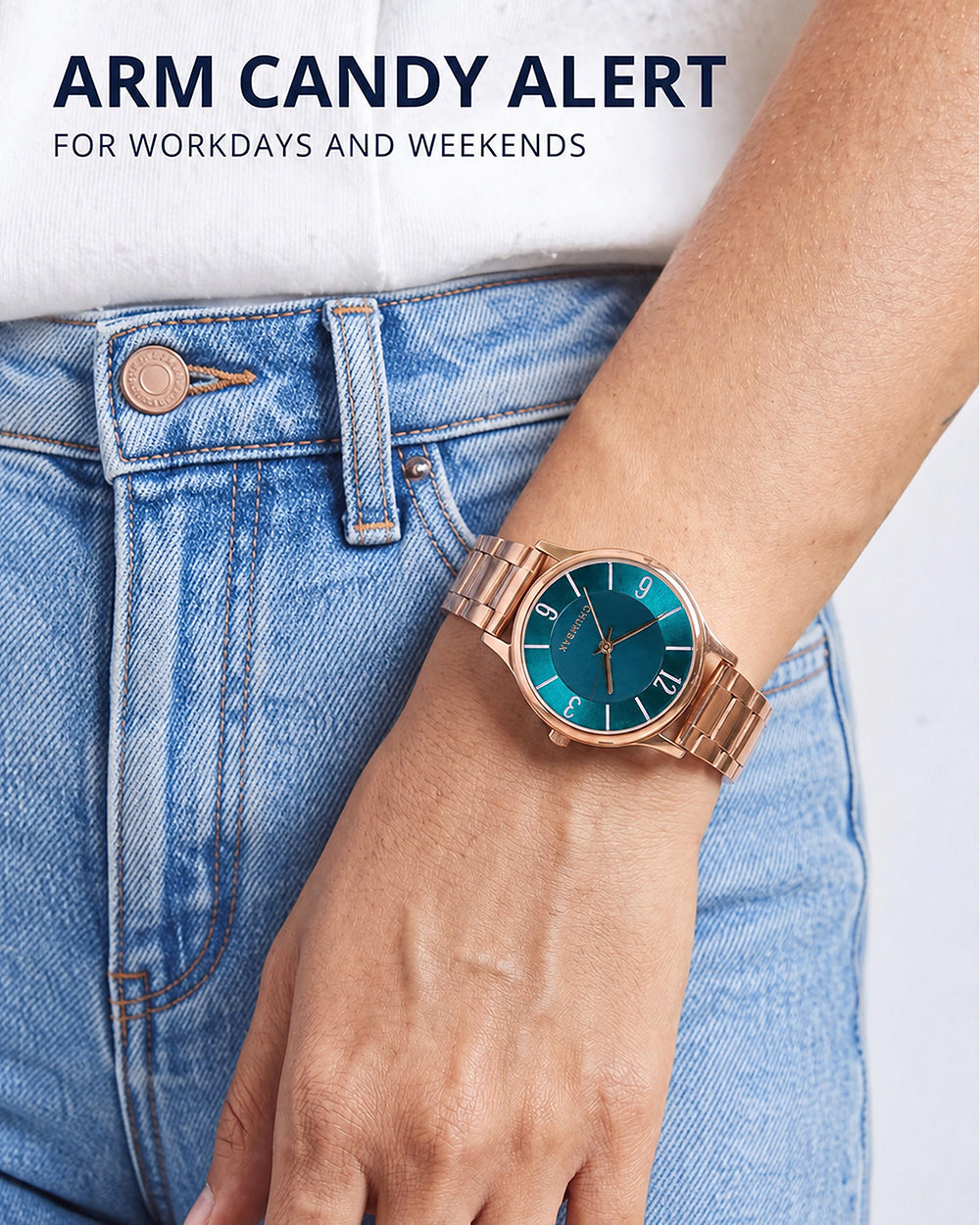 TEAL by Chumbak Forest Jade Watch, Metal link Strap