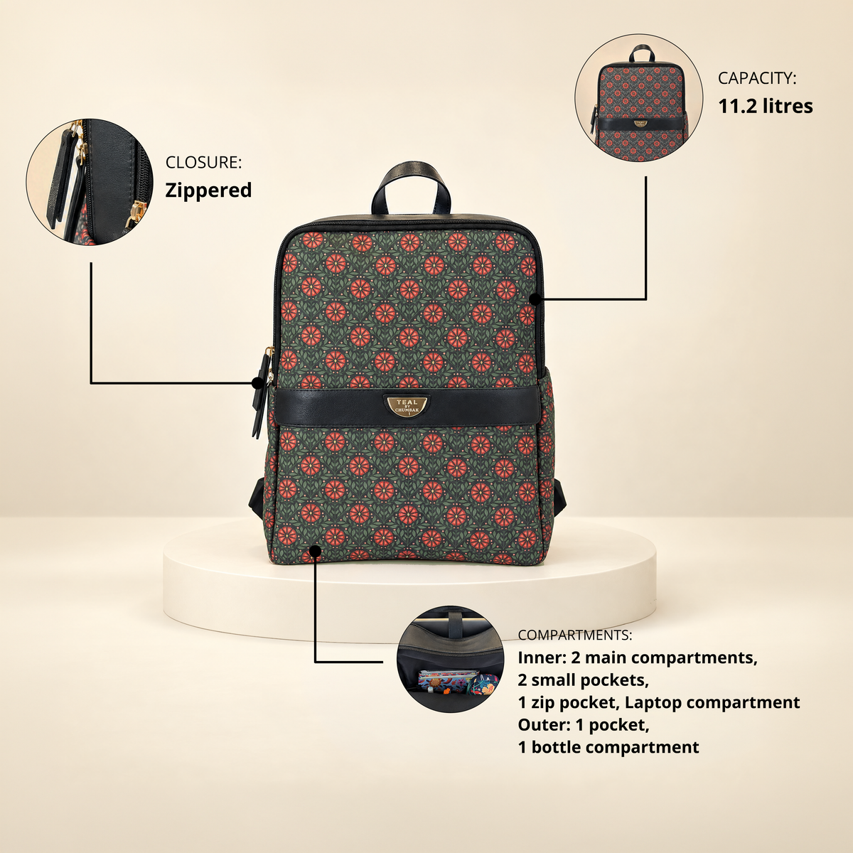 Teal by Chumbak Crimson Phool Double Zip Laptop Backpack