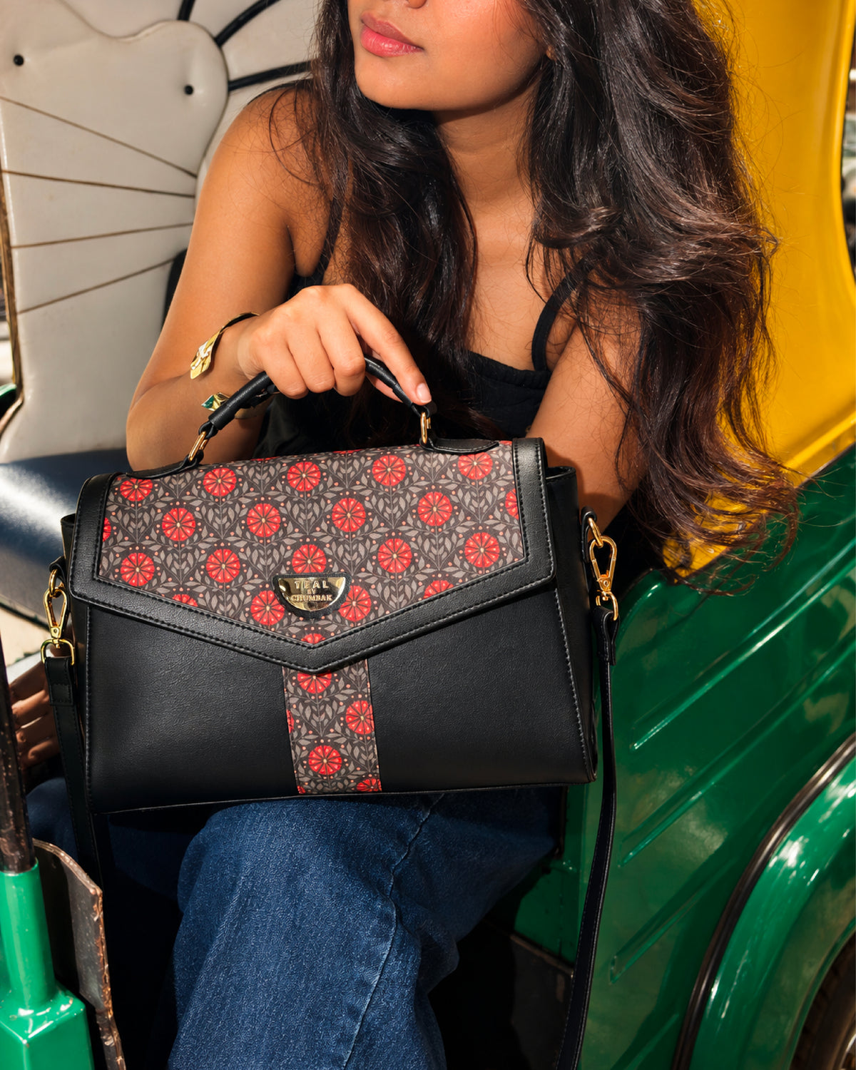 Teal by Chumbak Crimson Phool Jaal Flap Handbag